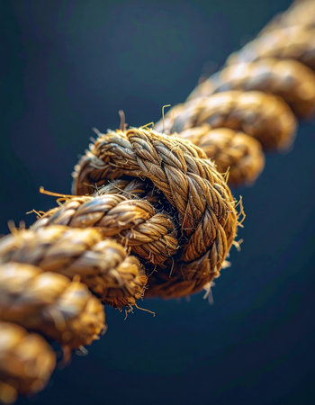 A close-up, macro view reveals the intricate details of a tightly bound knot in a thick, weathered rope.の素材