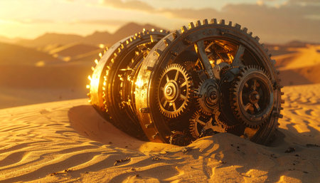 In the golden light of a desert sunset, a mysterious and complex mechanical sphere lies half-buried in the sand.の素材