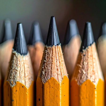 A single pencil, perfectly sharpened, stands at the forefront of its peers. It represents leadership, readiness, and the sharp focus needed to stand out and achieve success.の素材
