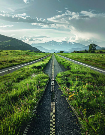 A lone cyclist takes a moment of rest, lying on the asphalt of a seemingly endless road that cuts through a vibrant green landscape.の素材