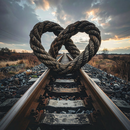 A weathered rope, tied into the shape of a heart, rests on old railway tracks leading to the horizon.の素材