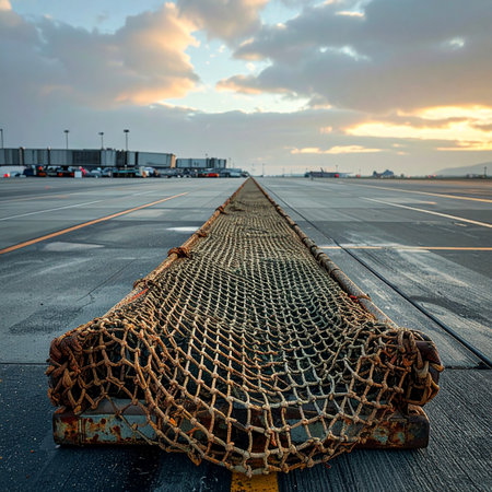 At the break of dawn, an aircraft arresting system lies in wait on the empty tarmac.の素材