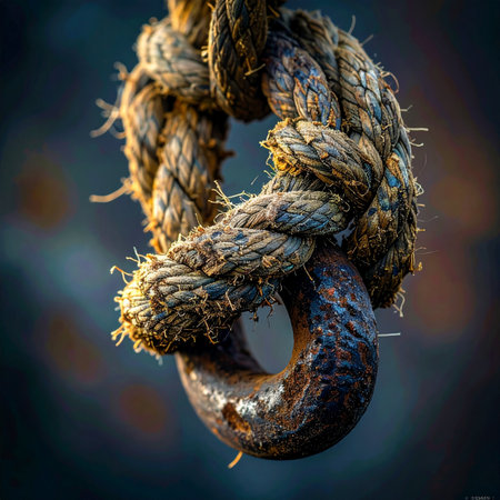 A close-up shot captures the immense texture and detail of a thick, weathered rope securely knotted through a heavily rusted metal ring.の素材