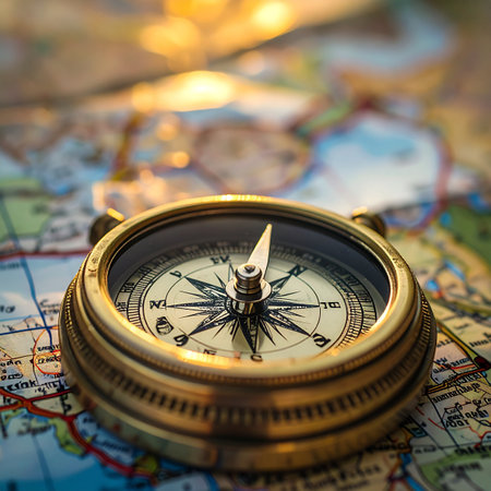 An antique brass compass rests upon a colorful map, its needle pointing steadfastly towards a new adventure.の素材