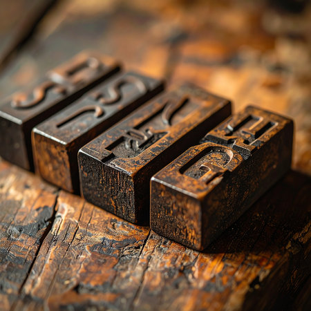 A collection of antique wooden printing blocks rests on a weathered workbench, their carved characters holding stories of a bygone era.の素材