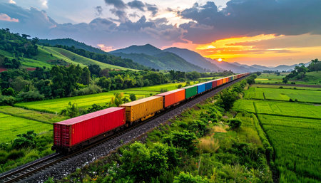 A vibrant, multi-colored container train snakes its way through a lush green valley as the sun sets, casting a warm golden glow over the landscape.の素材