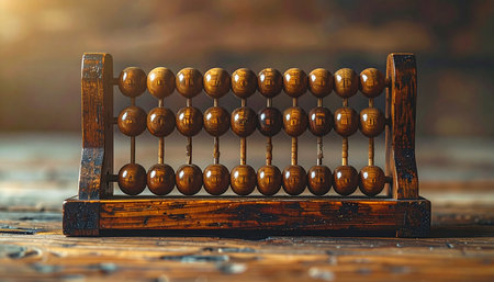 In the warm glow of sunlight, a classic wooden abacus rests on a rustic surface.の素材