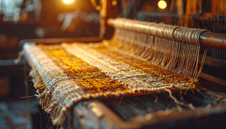 In a warmly lit workshop, threads of vibrant color are meticulously interlaced on a traditional wooden loom.の素材