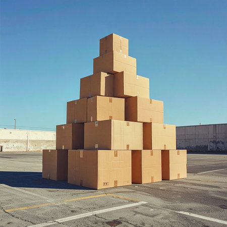 A monumental pyramid of stacked cardboard boxes stands tall in an empty parking lot under a vast, clear blue sky.の素材