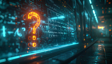 In a neon-drenched cyberpunk future, a glowing orange question mark hangs in the air, projected onto a screen of cascading data.の素材