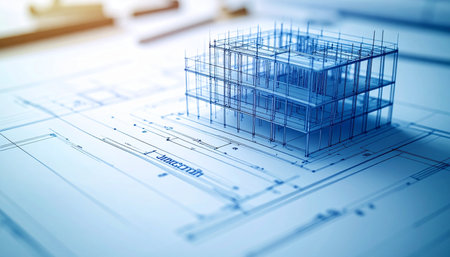 A transparent architectural model of a future high-rise sits atop detailed blueprints, bathed in bright, optimistic light.の素材