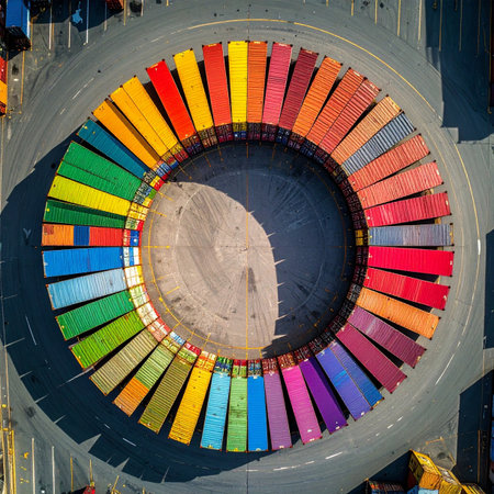 An extraordinary aerial view captures a vibrant circle of multi-colored shipping containers, perfectly arranged like a color wheel in a bustling port.の素材