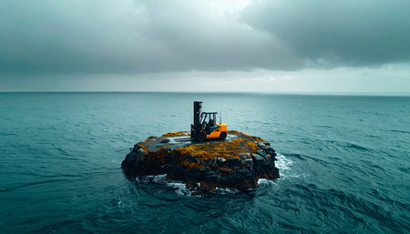 A lone yellow construction vehicle sits abandoned on a tiny, remote rocky island, surrounded by the vast, open sea under a dramatic, cloudy sky.の素材
