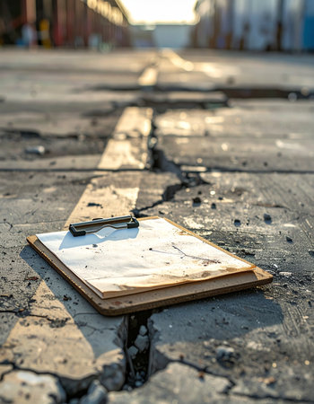 A lone clipboard with crumpled papers lies abandoned on the cracked pavement of a desolate urban alley.の素材