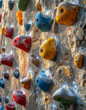 A vibrant array of colorful hand and foot holds are bolted to a textured artificial rock wall, creating a challenging route for climbers.の素材