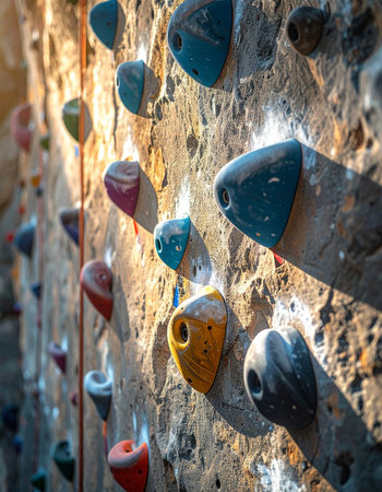 Sunlight streams across a textured climbing wall, illuminating a path of colorful holds.の素材