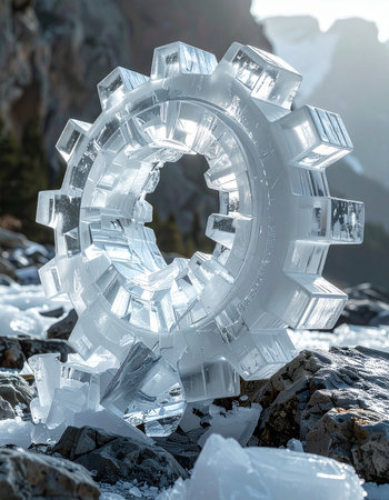 A meticulously crafted gear made of pure, clear ice rests on a bed of frozen rocks.の素材