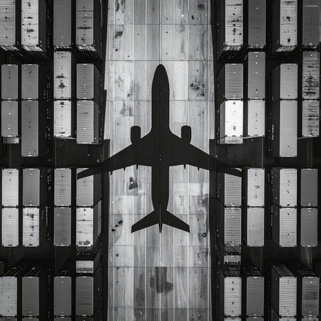 A dramatic black and white aerial view captures the silhouette of an airplane flying over rows of industrial shipping containers.の素材