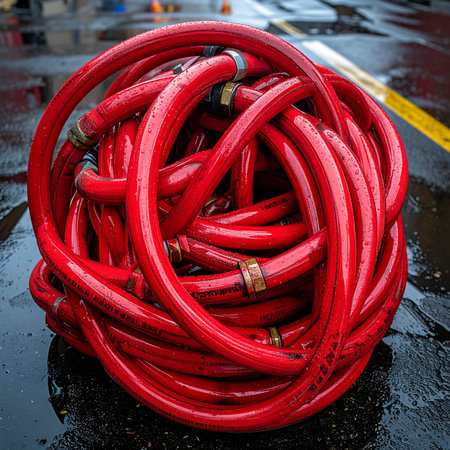 After an emergency call, a vibrant red fire hose lies coiled on the rain-slicked pavement, a symbol of readiness and the vital work of first responders.の素材