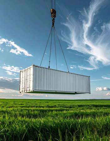 A heavy industrial shipping container is carefully lowered by a crane into the middle of a vibrant green field under a vast blue sky.の素材