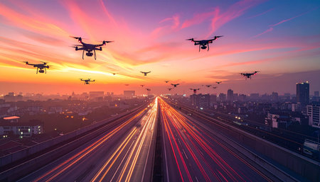 As the sun sets over a bustling metropolis, a swarm of autonomous delivery drones flies in perfect formation above the light-streaked highway.の素材
