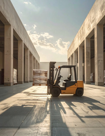 A lone forklift sits parked in the sunlit yard of a new industrial warehouse complex.の素材