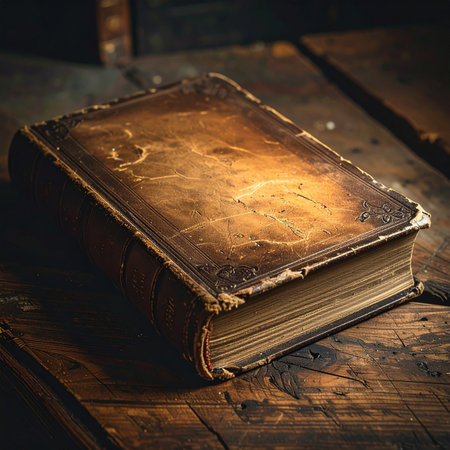 Resting on a rustic wooden table, this ancient leather-bound book holds secrets from a bygone era.の素材