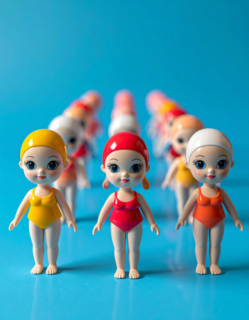 A team of adorable miniature swimmer dolls stands in perfect formation, ready for the big competition.の素材