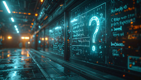 In the heart of a rain-slicked cyberpunk metropolis, a glowing question mark dominates a complex data screen.の素材