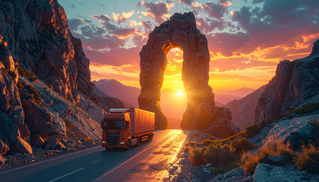 A semi-truck embarks on a cross-country journey, passing through a magnificent natural rock arch as the golden sun sets behind it.の素材