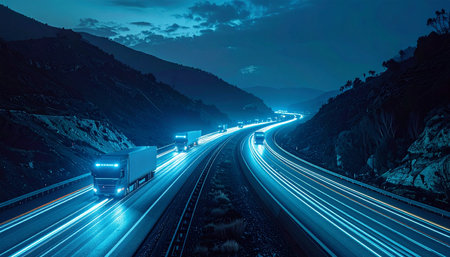 A convoy of futuristic electric trucks travels at high speed along a smart highway at night, their brilliant blue headlights creating long light trails through the mountain pass.の素材