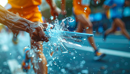 In a dynamic, close-up shot, a marathon runner seizes a cup of water from a hydration station.の素材