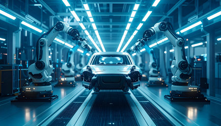 In a state-of-the-art automotive factory, precision robotic arms work in perfect synchrony on a sleek vehicle.の素材