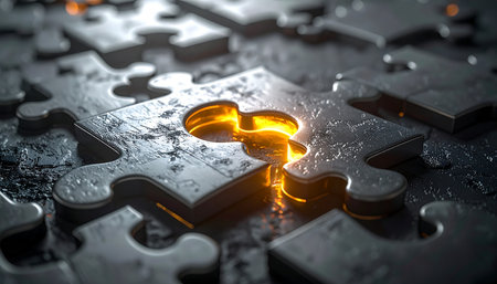 In a complex world of cold, interlocking challenges, a single, glowing golden piece emerges as the final solution.の素材