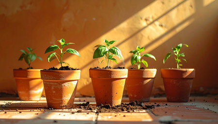 A row of young basil seedlings in rustic terracotta pots soaks up the warm morning sun.の素材