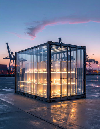 At twilight in a bustling industrial port, a transparent container glows with the promise of the future.の素材
