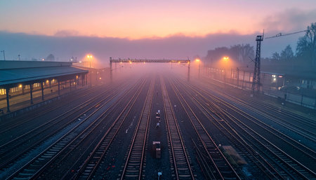 The world awakens as a dense fog blankets a vast railway station at dawn.の素材