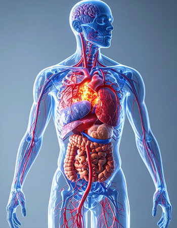 A detailed 3D visualization of the human body, revealing the intricate network of internal organs and the circulatory system.の素材