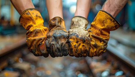 A close-up of four industrial workers joining their hands in a powerful display of unity and teamwork.の素材