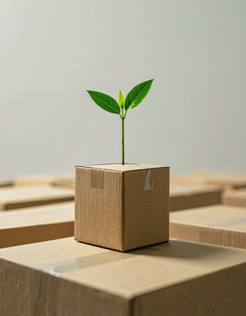 A small green sprout emerges from a single cardboard box, symbolizing new life and sustainable growth.の素材