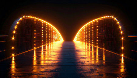 A path into the unknown is illuminated by a stunning double arch of golden lights.の素材