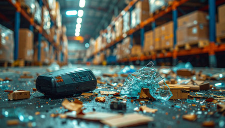 Shattered glass and broken equipment litter the concrete floor of a vast warehouse aisle.の素材