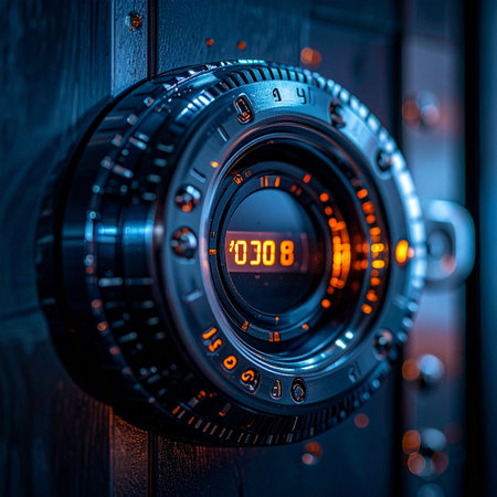 The glowing orange digits of the countdown timer reflect on the intricate metallic surface of the high-security vault.の素材