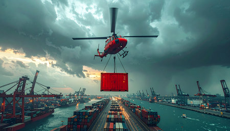Under a dramatic, stormy sky, a specialized helicopter executes a precision air-lift, transporting a vital cargo container over a sprawling industrial port.の素材