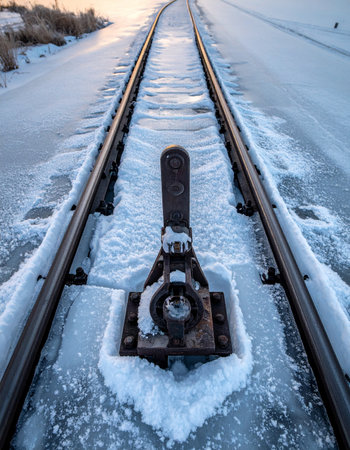 In the quiet chill of a winter dawn, a railway switch stands frozen in time, its metal form encased in a thick layer of ice and snow.の素材