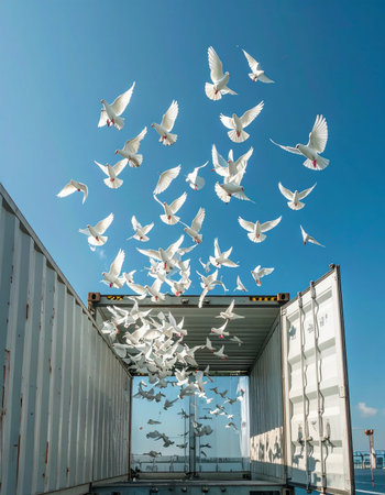 From the confines of a steel shipping container, a flock of white doves bursts forth, ascending into the vast, clear blue sky.の素材