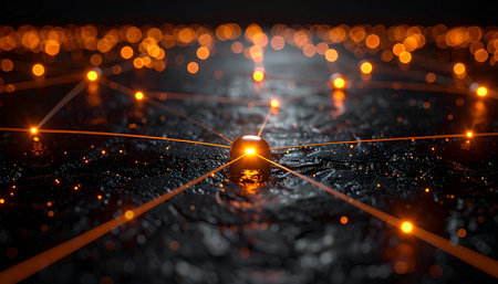 A central node glows with intense energy, acting as the core of a vast and complex digital network.の素材