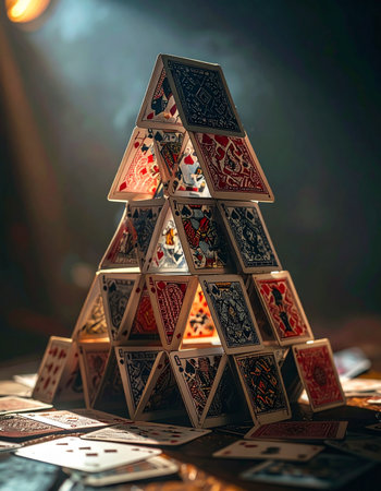 A carefully constructed house of cards stands tall under a single spotlight, its delicate balance a testament to patience and precision.の素材