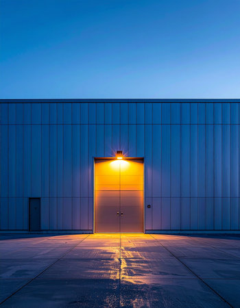 A single, warm light glows above a metal door on a vast industrial warehouse at dusk.の素材