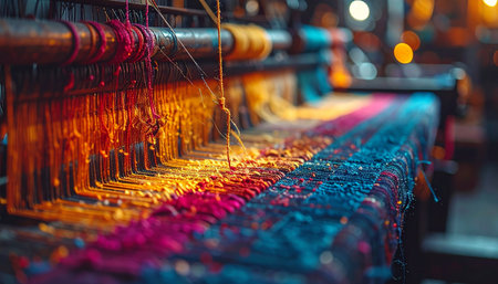 In a bustling workshop, an industrial loom works tirelessly, its shuttles flying back and forth.の素材